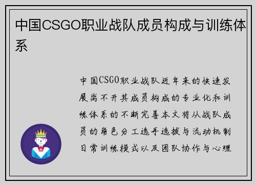 中国CSGO职业战队成员构成与训练体系